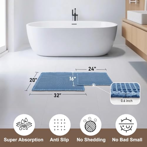 JIUZHEN Set of 2 Waffle Bath Mats Boho Bath Rugs 16"x24"+20"x32", Blue