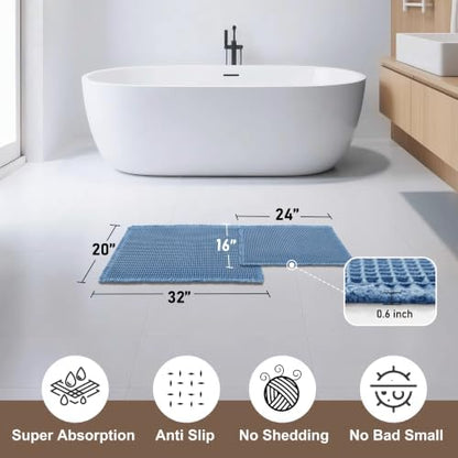 JIUZHEN Set of 2 Waffle Bath Mats Boho Bath Rugs 16"x24"+20"x32", Blue