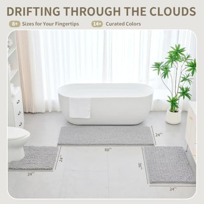 Bathroom Rugs Non Slip Washable 55x24, Extra Thick Soft Chenille Absorbent Bath Mat, High Density Barrier Non Slip Backing, Quick Dry Plush Shaggy Floor Carpet for Tub&Shower, Silver