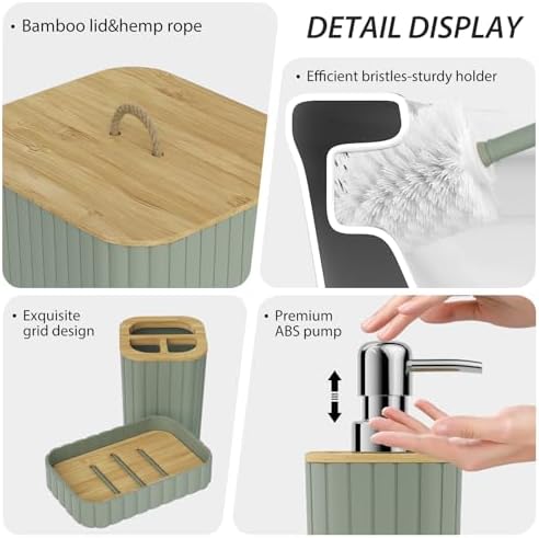 Bathroom Accessories Set - 10PC Bathroom Set, Sage Green Bathroom Set, Bathroom Accessories Set, Toilet Brush, Bathroom Trash Can & Soap Dispenser