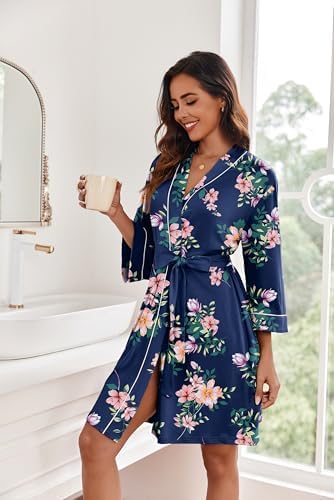 Ekouaer Women Kimono Robes Knee Length Knit Bathrobe Lightweight Soft Sleepwear V-neck Casual Ladies Loungewear