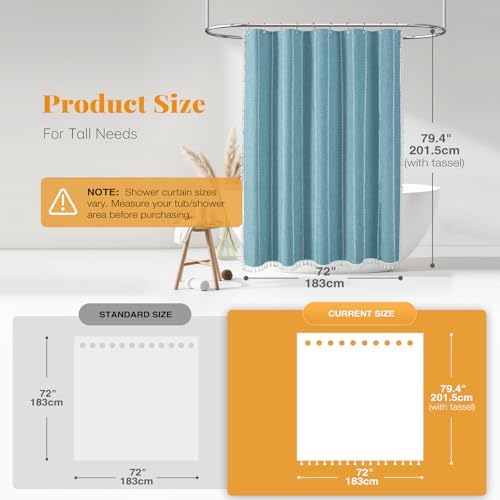 BTTN 72x78 Long Boho Farmhouse Linen Heavy Duty Cloth Shower Curtain, Teal