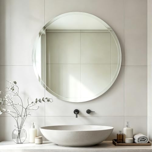 32 Inch Frameless Round Bathroom Mirror, Beveled Edge Wall Mirror, Modern Elegant Vanity Mirror for Bathroom Living Room Entryway