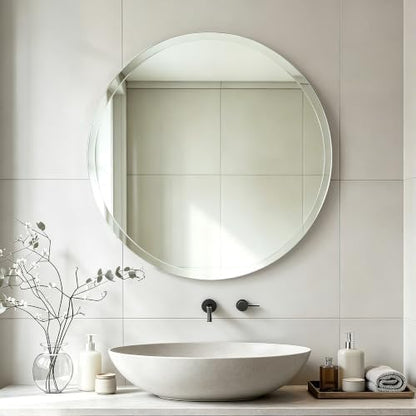 24 Inch Frameless Round Bathroom Mirror, Beveled Edge Wall Mirror, Modern Elegant Vanity Mirror for Bathroom Living Room Entryway