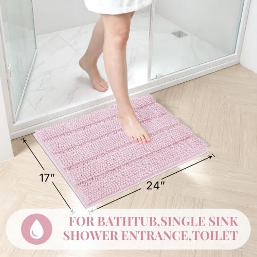 Bcoimo Small Bath Rug Mat,24x17 Chenille Non Slip Pink Bathroom Shower Mat