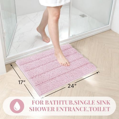Bcoimo Small Bath Rug Mat,24x17 Chenille Non Slip Pink Bathroom Shower Mat