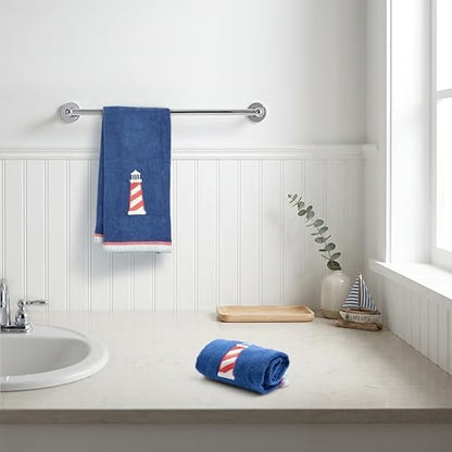Ritz 2-Piece Cotton Velour Bathroom Hand Towel Set, Embroidered Lighthouse Design, Soft Navy Blue Nautical Decorative Towels for Lake House, Coastal, Beach Home Decor, 16” x 26”