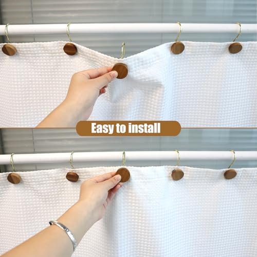 Shower Curtain Hooks, Wood Decorative Shower Curtain Rings, Modern Round Log Shower Curtain Hangers, 12PCS Shower Hooks for Shower Curtain Rod, Bedroom, Living Room (Gold)