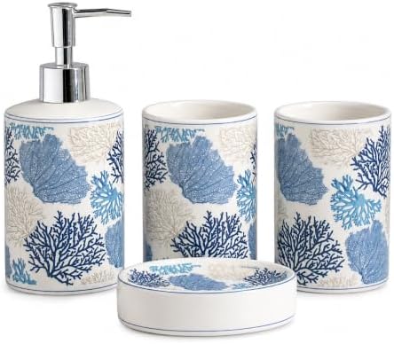 4-Piece Ceramic Bathroom Accessory Set, Blue Coastal Coral Design Soap Dispenser, Toothbrush Holder, Tumbler and Soap Dish, Ocean Sea Fan Bathroom Countertop Decor