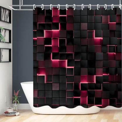 LQCOOL 4Pcs Pink Shower Curtain Set 3D Cubes Bathroom Sets Modern Shower Curtain Set for Bathroom Sets with Rugs Black and Pink Shower Curtain with 12 Hooks
