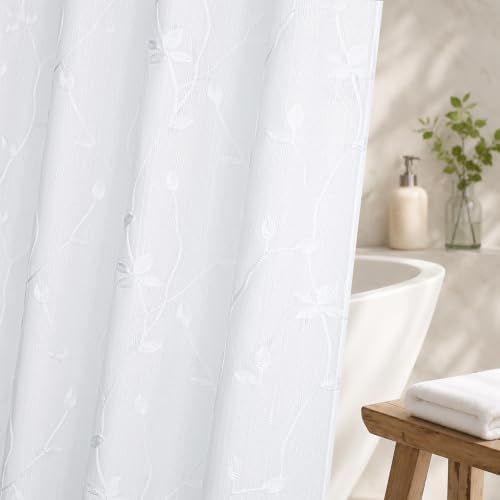 Embroidered Leaf Farmhouse Shower Curtain,Faux Linen,72Wx72L,White