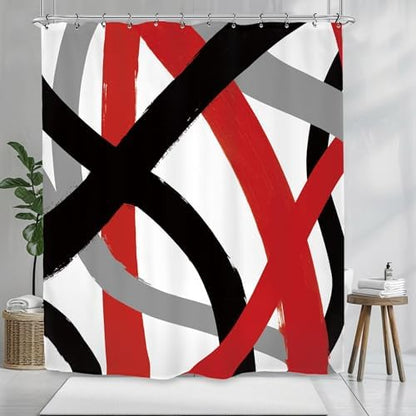 Black Red Gray Modern Shower Curtain 60Wx72L Inch Abstract Minimalist Contemporary Art Line Neutral Simple Bathroom Set Accessories Decor with 12 Pack Hooks