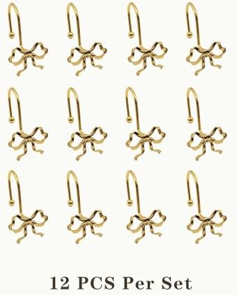 Gold Bow Shower Curtain Hooks, 12 Pack Coquette Bathroom Decor, Decorative Metal Rust Proof Shower Curtain Rings for Feminine, Vintage & Luxury Bathroom Aesthetic