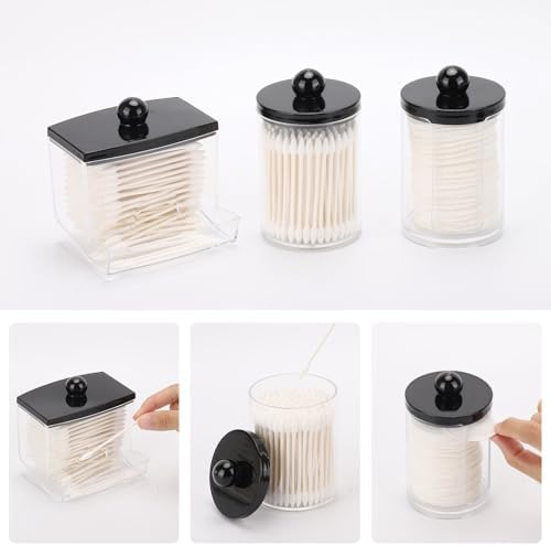 Tbestmax 3 Pack Qtips Holder Dispenser - Bathroom Organizers and Storage Containers, Plastic Apothecary Jars with Black Lids for Cotton Swab, Cotton Round Pads, Floss