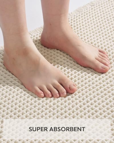 tchdio Waffle Bath Mat-Runner Rug, Super Absorbent Non Slip Bath Mats for Bathroom Machine Washable Long Rugs with Tassels, Bath Rugs for Bathroom Floor Beside Tub, 2' x 6'(24" x 72"), Pale Beige