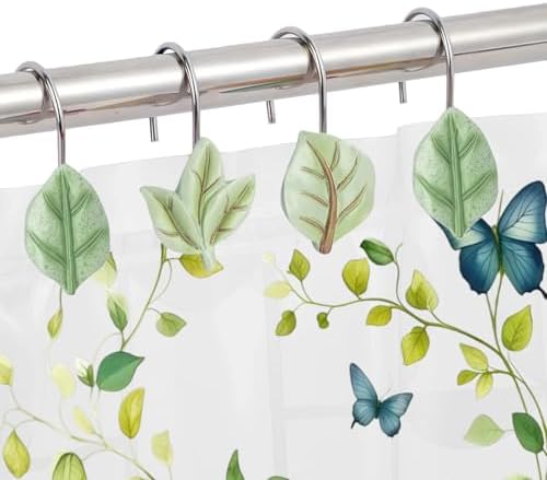 12Pcs Leaves Shower Curtain Hooks Decorative for Curtain Rods, Green Plant Leaf Shower Curtain Rings, Silver Stainless Steel Metal Shower Curtain Hanger Hooks, Cute Eucalyptus Green Bathroom Decor