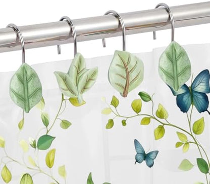 12Pcs Leaves Shower Curtain Hooks Decorative for Curtain Rods, Green Plant Leaf Shower Curtain Rings, Silver Stainless Steel Metal Shower Curtain Hanger Hooks, Cute Eucalyptus Green Bathroom Decor