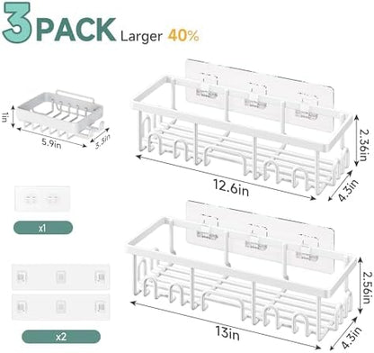 Veken Shower Caddy 3-Pack, Advanced Rustproof Design, No Drilling Adhesive Shelves, Rack with Soap Holder, Large Capacity Bathroom Organizers and Storage, Wall-Mounted Kitchen & Home Decor, White