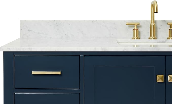 ARIEL Cambridge 60-inch Bathroom Vanity with Sink,Solid Wood, 0.75-inch Italian Carrara Marble Countertop, Single Rectangular Porcelain Sink, 2 Soft Closing Doors, 9 Dovetail Drawers, Midnight Blue