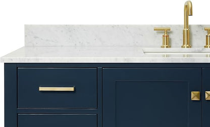 ARIEL Cambridge 60-inch Bathroom Vanity with Sink,Solid Wood, 0.75-inch Italian Carrara Marble Countertop, Single Rectangular Porcelain Sink, 2 Soft Closing Doors, 9 Dovetail Drawers, Midnight Blue