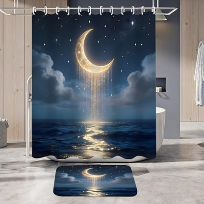 LQCOOL 4Pcs Moon Shower Curtain Set Blue and Gold Sea Bathroom Sets for Bathroom with Rugs Shower Curtain with 12 Hooks