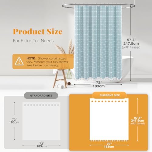 BTTN Extra Long Boho Farmhouse Linen Shower Curtain Set, 72x96, Fog Blue