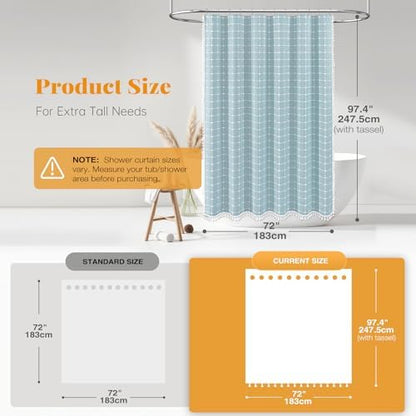 BTTN Extra Long Boho Farmhouse Linen Shower Curtain Set, 72x96, Fog Blue