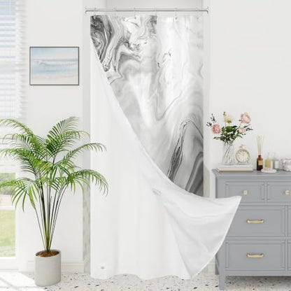 3 in 1 Grey Marble Shower Curtain Set with PEVA Liner & 12 Hooks, 36 x 72