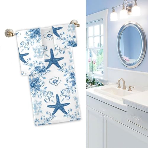 Naanle 3D Starfish and Seashells on Sand Beach Soft Decorative Set of 3 Towels, 1 Bath Towel+1 Hand Towel+1 Washcloth, Multipurpose for Bathroom, Hotel, Gym, Spa and Beach