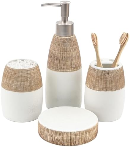 CERBIOR Bathroom Accessories Set,4 PCS Ceramic Bath Accessory,Brown White
