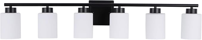 6 Light Bathroom Light Fixtures, 40 Inches Vanity Lights for Mirror, Black Vanity Lighting Fixtures with Milky White Glass Shades