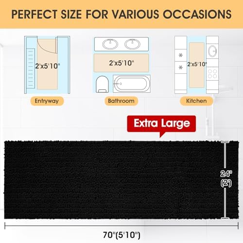 ACCUMTEK Extra Long Upgrade Luxury Black Bathroom Rug Mat 70"x24", Ultra Soft Thick Absorbent Bath Mats, Non Slip Chenille Toilet Mat for Bathroom, Bedroom, Kitchen, Shower, Tub