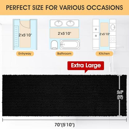 ACCUMTEK Extra Long Upgrade Luxury Black Bathroom Rug Mat 70"x24", Ultra Soft Thick Absorbent Bath Mats, Non Slip Chenille Toilet Mat for Bathroom, Bedroom, Kitchen, Shower, Tub