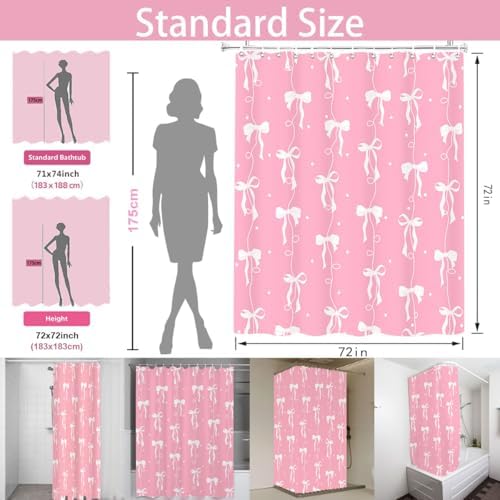 Bow Shower Curtain for Bathroom, Teen Girls Theme, Light Pink, 72x72In