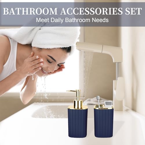 RRM Bathroom Soap Dispenser and Toothbrush Holder Set, Navy Blue