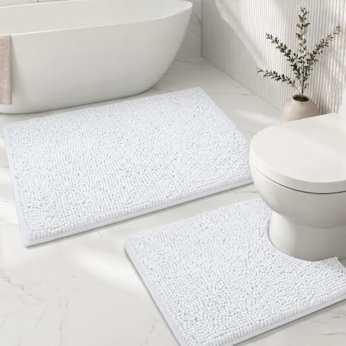 Bathroom Rugs Sets 2 Piece,Super Absorbent Soft,Thick,Machine Washable Chenille Bath Mat,Non Slip Toilet Floor Rug,Bath Mats for Bathroom,20x32 Plus 20x20 U Shape,White