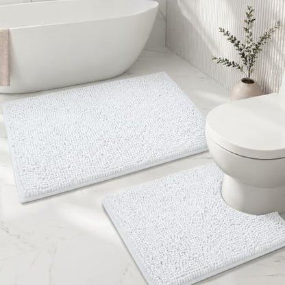 Bathroom Rugs Sets 2 Piece,Super Absorbent Soft,Thick,Machine Washable Chenille Bath Mat,Non Slip Toilet Floor Rug,Bath Mats for Bathroom,20x32 Plus 20x20 U Shape,White