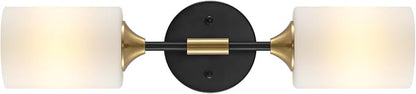 Industrial Mid Century Wall Sconce 2-Lights with White Cylinder Glass Shades Modern Bathroom Vanity Wall Lamp Matte Black and Gold Brushed Brass Finished Wall Light Fixture