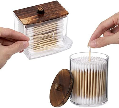 Tbestmax 3 Pack Qtips Holder Bathroom Container, 10 oz Cotton Ball/Swabs Dispenser, Apothecary Jar Organizer for Storage Brown Wood Lids