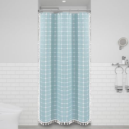 BTTN Stall Boho Farmhouse Linen Heavy Duty Shower Curtain, 36x72, Fog Blue