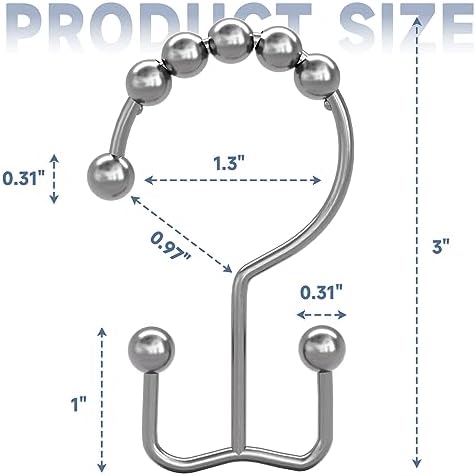 Titanker Double Shower Curtain Hooks, Rust Proof Shower Curtain Rings, Metal Shower Hooks for Bathroom Shower Rods Curtains, Set of 12 Hooks - Chrome
