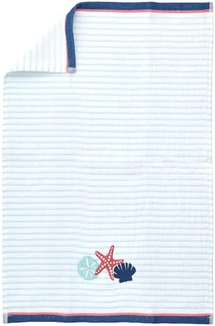 Ritz 2-Piece Cotton Velour Bathroom Hand Towel Set, Embroidered Seashell Trio Design, Light Blue Pinstripe Towels for Beach House, Lake Home, or Spa Decor, 16” x 26”