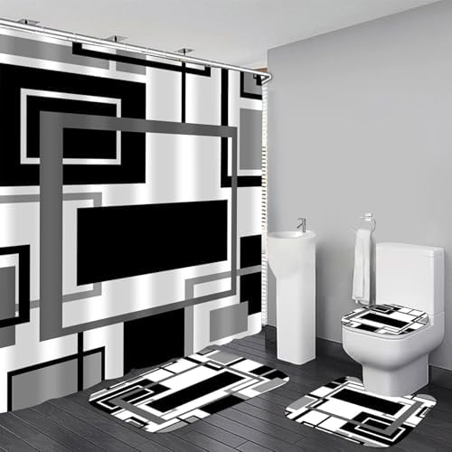 Yddsky 4 Pcs Black Geometric Shower Curtain Set with Rugs Bathroom Set
