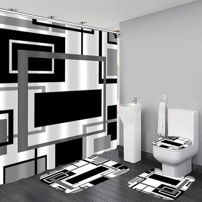 Yddsky 4 Pcs Black Geometric Shower Curtain Set with Rugs Bathroom Set