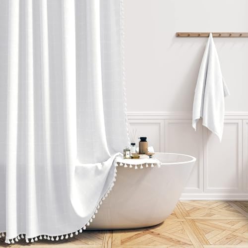 BTTN 54x72 Boho Farmhouse Linen Heavy Duty Fabric Shower Curtain Set, White