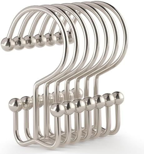 Goowin Shower Curtain Hooks, 12 Pcs Shower Curtain Rings, Durable Shower Curtain Rings Rust Proof, Double Glide Shower Rings for Curtain, Simple Shower Hooks for Shower Curtain & Liner, Brush Nickel
