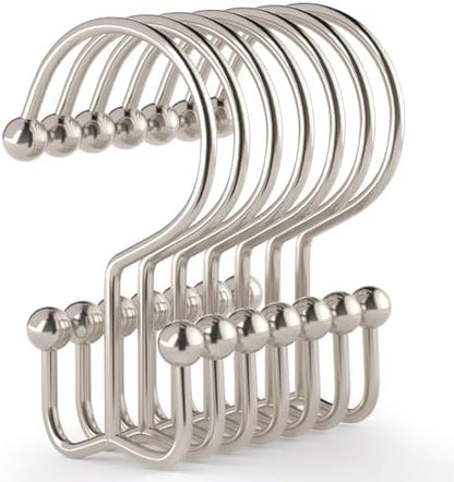 Goowin Shower Curtain Hooks, 12 Pcs Shower Curtain Rings, Durable Shower Curtain Rings Rust Proof, Double Glide Shower Rings for Curtain, Simple Shower Hooks for Shower Curtain & Liner, Brush Nickel