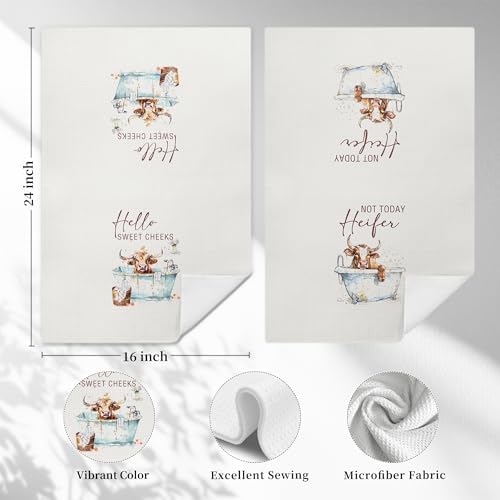 Hello Sweet Cheeks Highland Cow Bathroom Hand Towels, Funny Farmhouse Animal Heifer Bathing Decorative Hand Towels for Bathroom Washroom Toilet Restroom, 16x24 Inch Set of 2