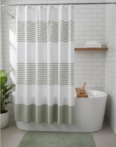 Serafina Home Sage Light Green & White Striped Cotton Shower Curtain