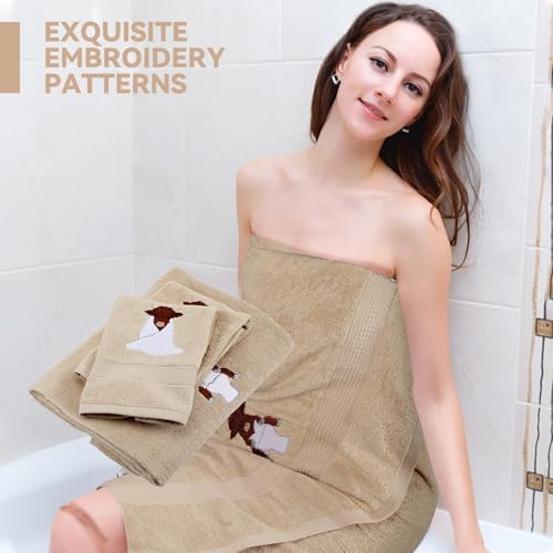3 Pcs Highland Cow Bathroom Towel Set, Brown, 100% Cotton